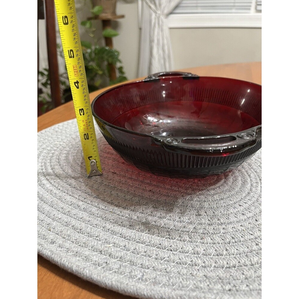 Vintage Ruby Red Coronation "Banded Rib" "Saxon" 8" Handled Large Berry Bowl